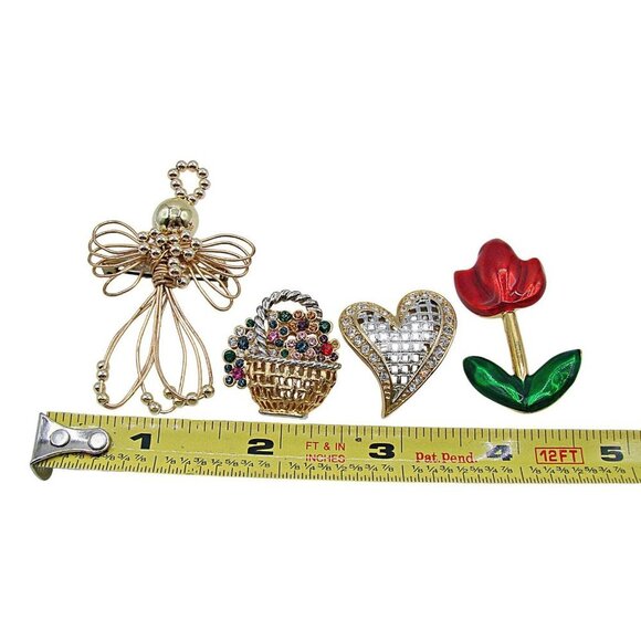 Lot 4 Vintage Brooches Angel Enamel Flower Rhinestone Basket and Heart Gold Tone - Picture 8 of 11